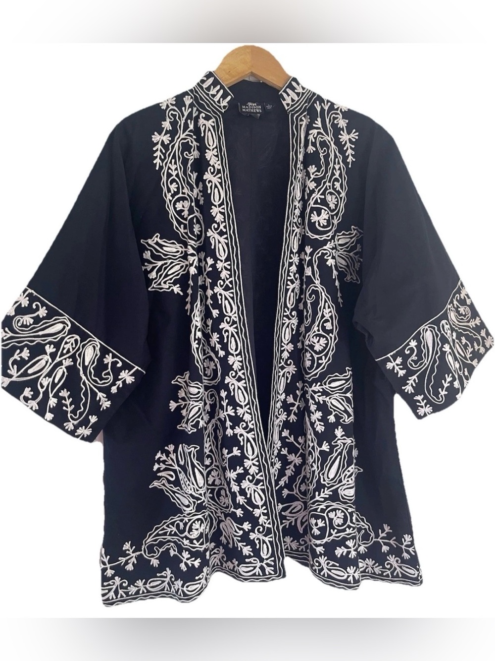 New Madison Mathews Navy embroidered Kimono Jacket Topper Cardigan Cotton